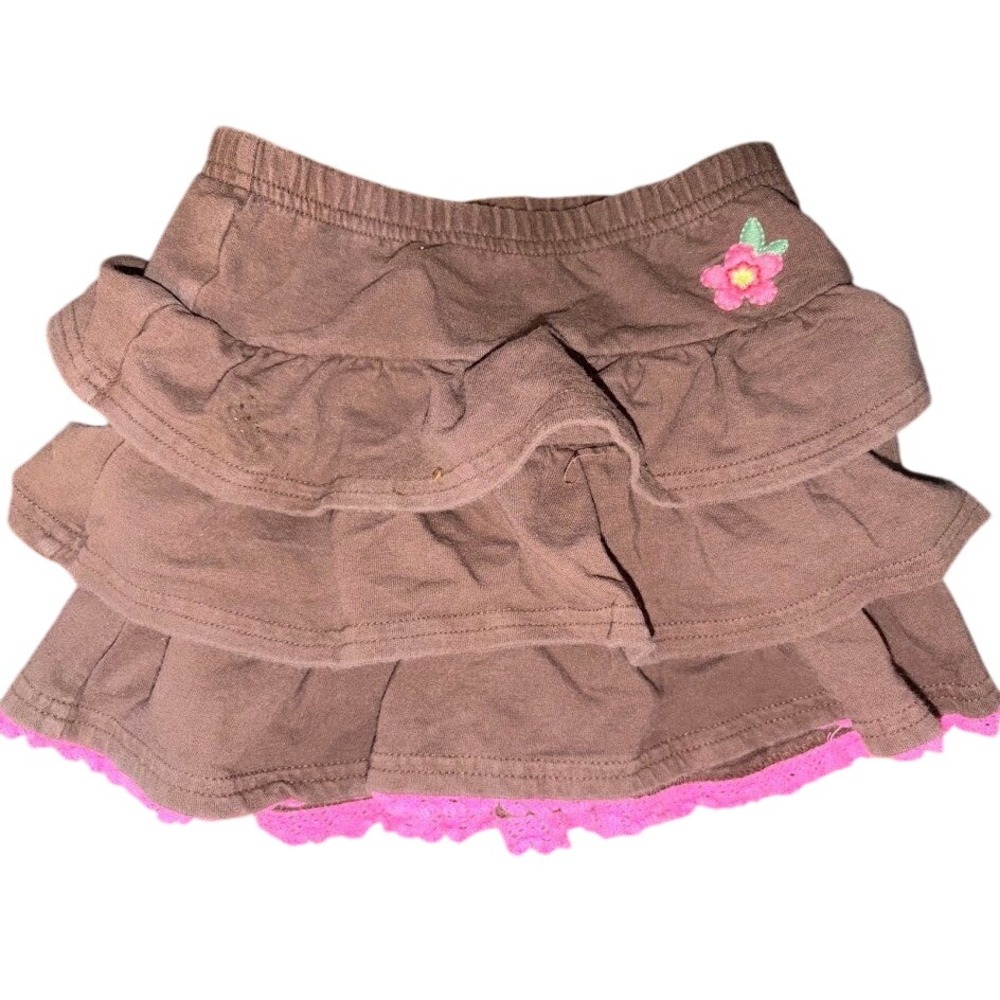 Genuine Kids from OshKosh Girls Brown Ruffle Tiered Skirt Pink Lace Trim Size 3T